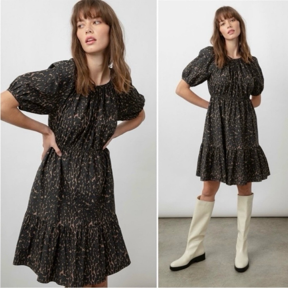 Rails Khloe Dress Savannah Leopard Print Puff Sleeve Tiered Midi Extra Small XS